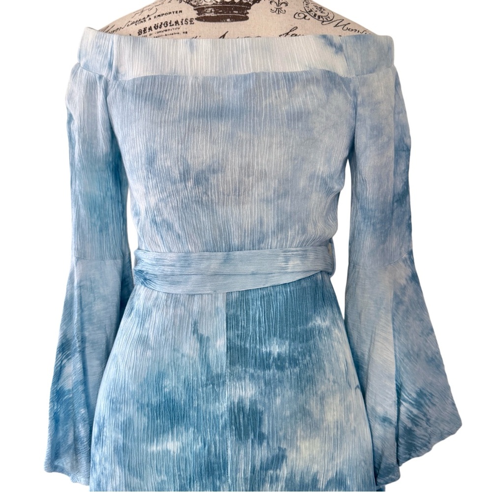 VENUS Sky Blue Tie Dye Bell Sleeve Belted Boho Mini Off Shoulder Rayon Size 6 - Picture 11 of 17